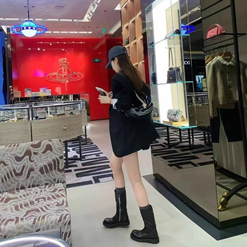 牛皮版~增高5cm真皮厚底褶皱中筒骑士靴女新款圆头侧拉链机车短靴|undefined