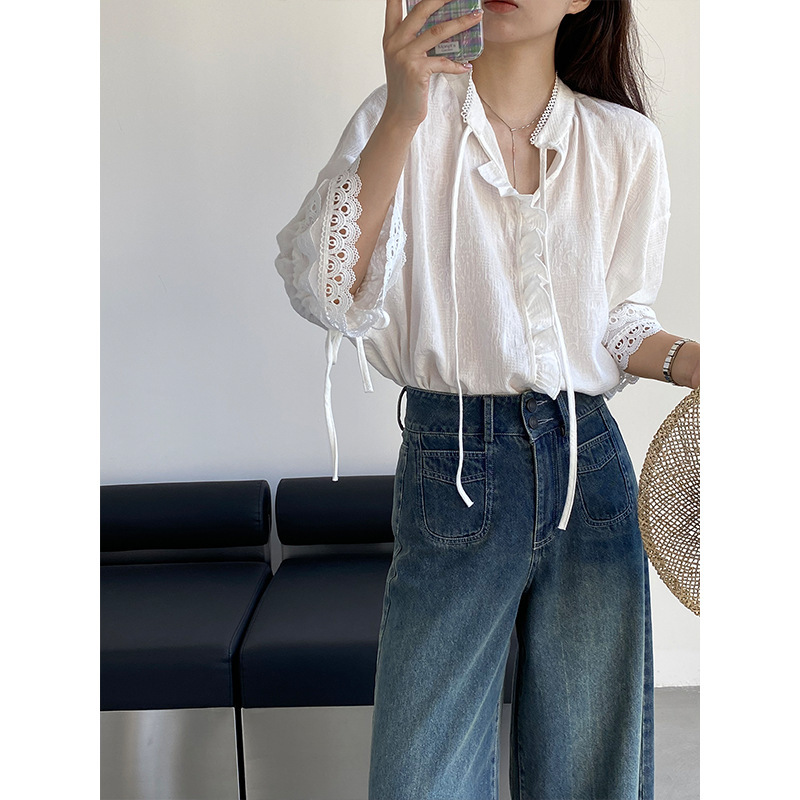 Jiangzuo All-Cotton Lace Patchwork Ruffle Edge Shirt for Women with Jacquard Design and Tie-Up Bell Sleeves Top 01332