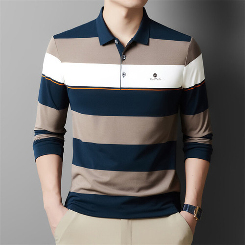 New Men's Long Sleeve T-Shirt for Autumn/Winter, Dad's Style, Colorful Striped Loose Base Layer Top