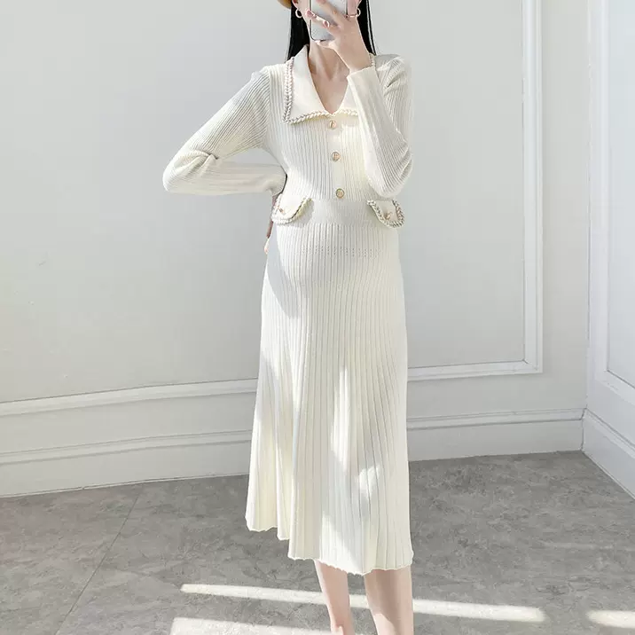 小香风套装孕妇连衣裙秋冬款翻领毛衣内搭洋气修身显瘦针织衫冬装