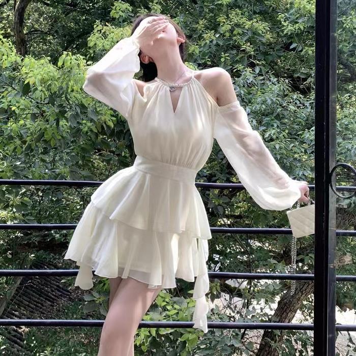 [쉬폰 + 라이닝 + 지퍼] 프랑스 스타일의 살구색 긴 소매 원피스 허리 슬리밍 슈퍼 요정 주름 케이크 스커트