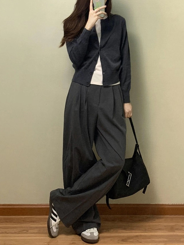 灰色系扣针织开衫女25年秋韩系复古小个子设计感气质减龄毛衣外套|undefined