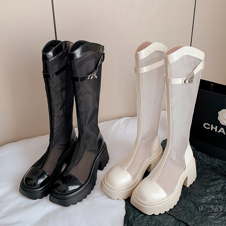 Bốt lưới da cừu cao gót thô cổ cao ôm chân phong cách Hàn Quốc — Màu đen cổ ống lớn, Ống nhỏ màu đen, Chu vi ống lớn màu trắng Be