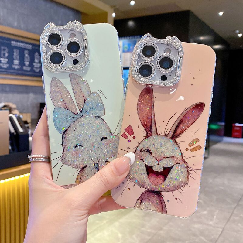 Suitable for Apple 17Promax Flash Cat Series Mobile Phone Case Happy Pink Rabbit Lens Film Integrated Hidden Bracket