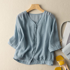 夏の新しい文学レトロな綿とリネンのVネックTシャツ半袖ゆったりと快適な大きいサイズ痩身ファッショナブルなシンプルな女性用トップス