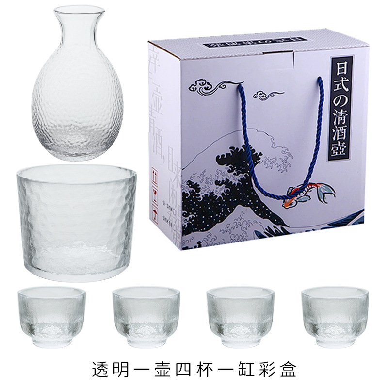 Transparent pot, four cups, jar and color box