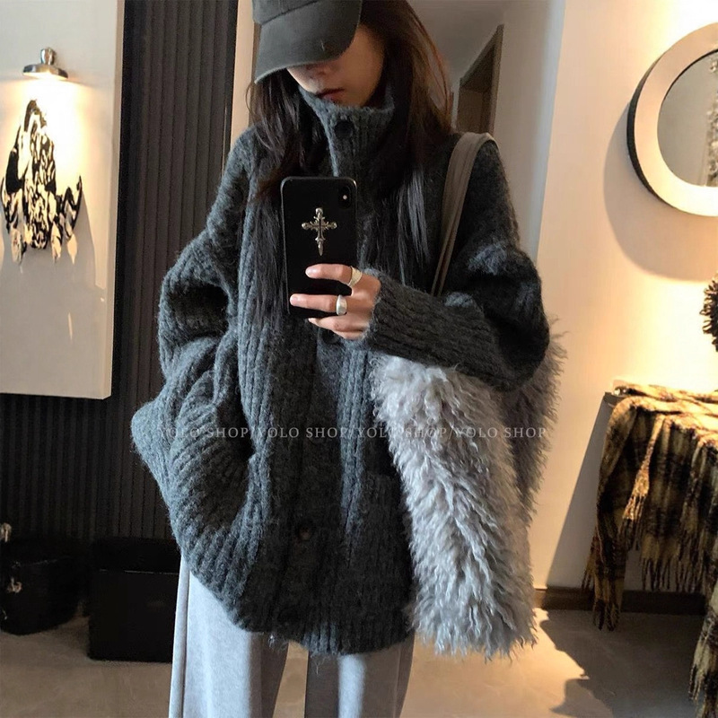 2025 New Korean Style Casual and Lazy High-Neck Button Design Sweater Jacket for Women, Autumn and Winter Thickened Cardigan Top