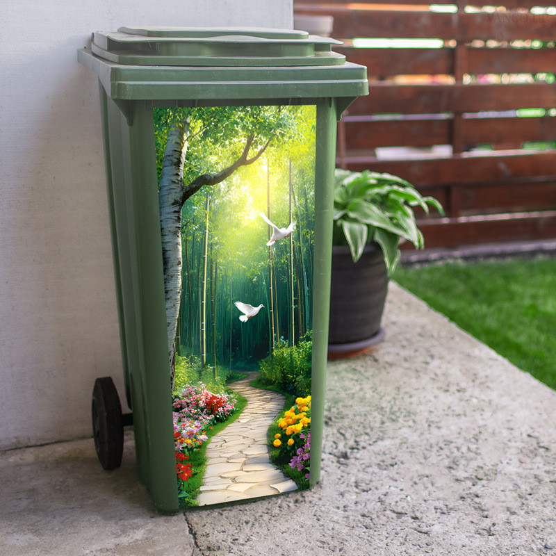 A Variety of Trash Can Stickers Forest Stone Path Green Leaves Flowers Scenery Creative Outdoor Stickers Self-Adhesive Wall Stickers