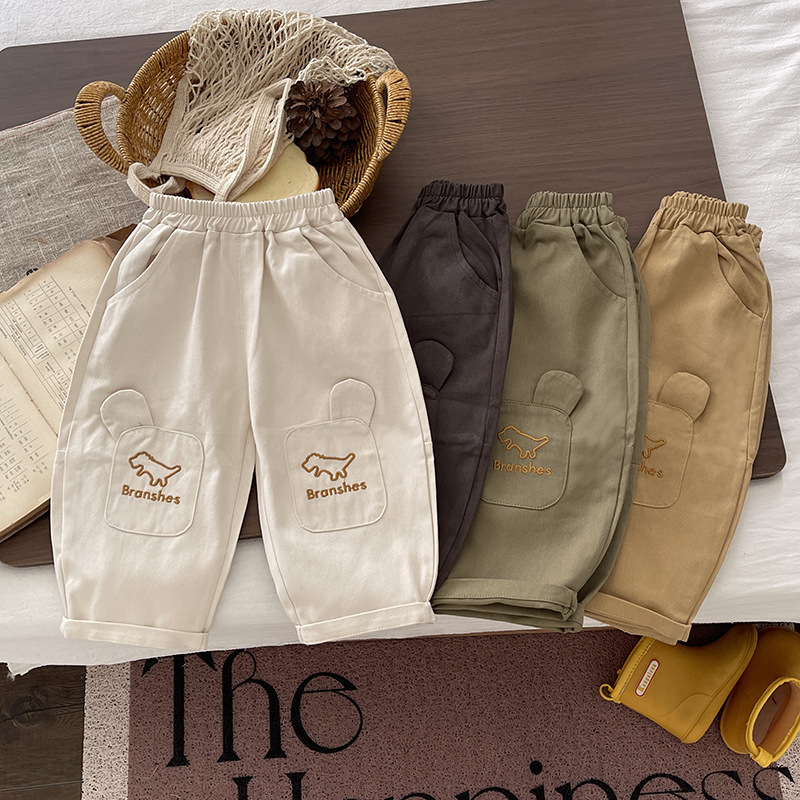 Boys' drawstring pants, spring and autumn style, 2026 new style, children's large pockets, loose and durable long pants, baby autumn pants