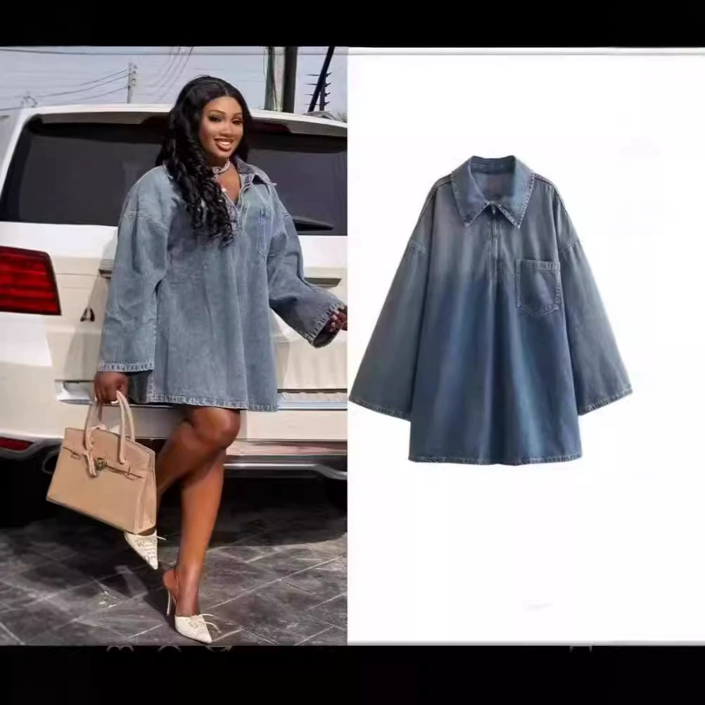 AliExpress внешняя торговля новая женская минималистская мода дикий ветер с лацканным воротником свободное джинсовое платье