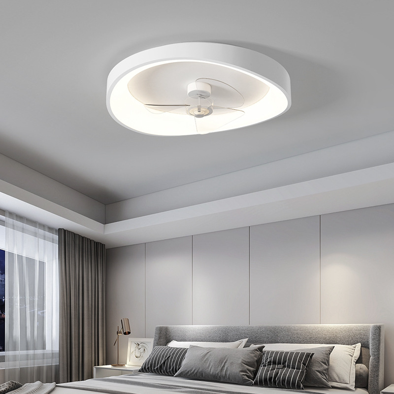 New Minimalist Bedroom Fan Lamp, Personal Artistic Round Flush Mount Ceiling Fan Lamp for Home, Quiet Variable Frequency Suspension Fan Lamp