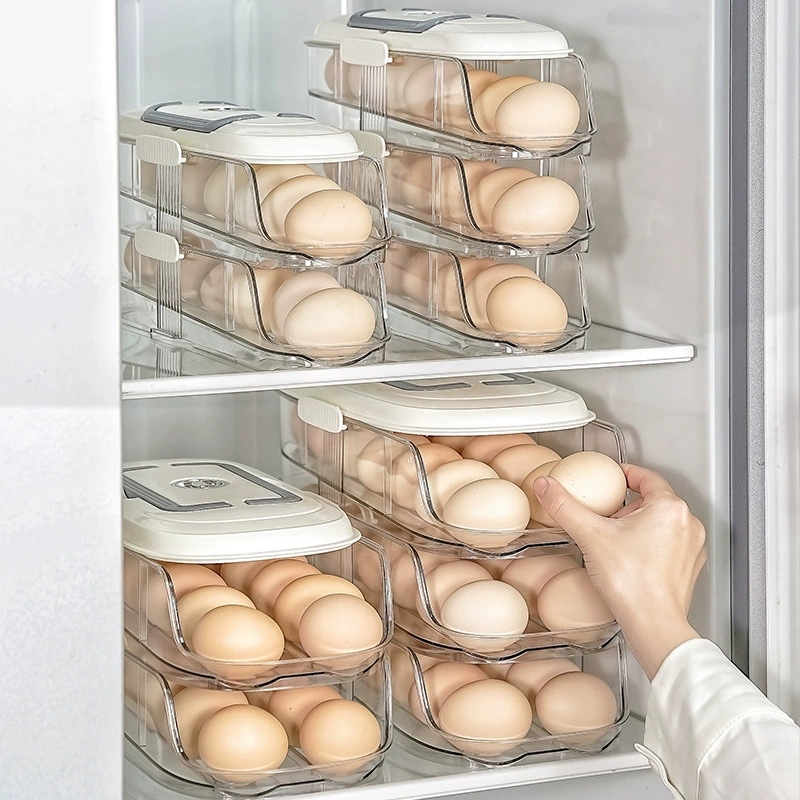Egg storage box rolling food grade multi-layer automatic filling egg rack household kitchen refrigerator side door egg box