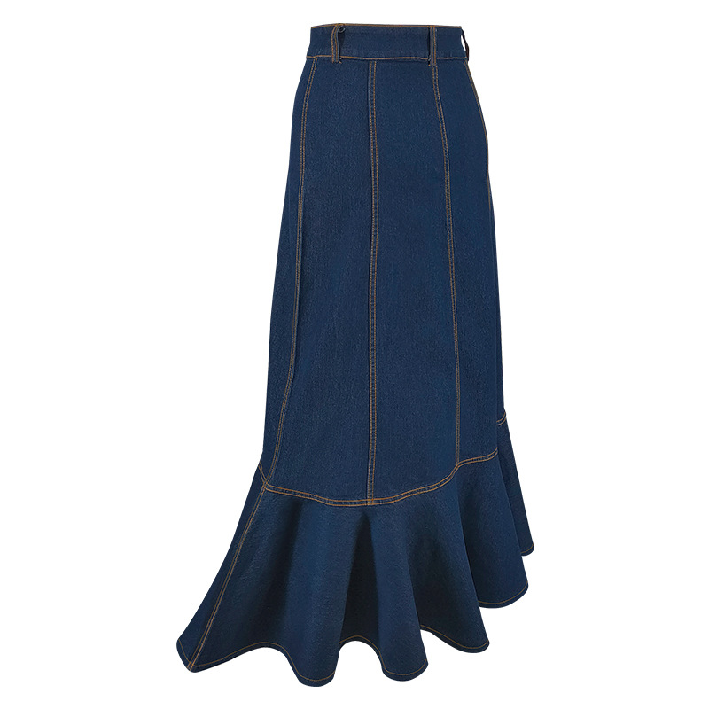 Women's Button-Down Denim Mermaid Skirt, Stretchy Washed Denim Maxi Skirt With Flared Hem, Elegant Tailored Fit_ecoleips.com