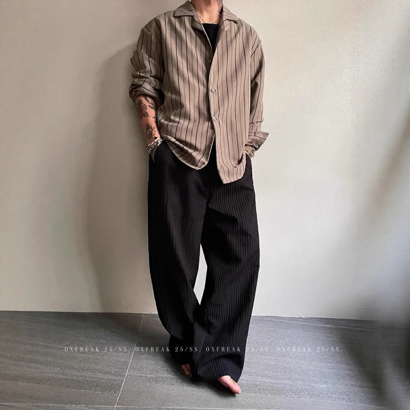 夏用の男性用の薄い白いパンツ、レイジーオールドマネースタイルのドレープパンツ、アメリカのトレンディなブランドのスリムなワイドレッグパンツ|undefined
