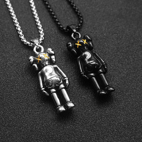 Trendy personality Internet celebrity violent bear doll men and women necklace bear titanium steel necklace punk hip-hop stainless steel pendant