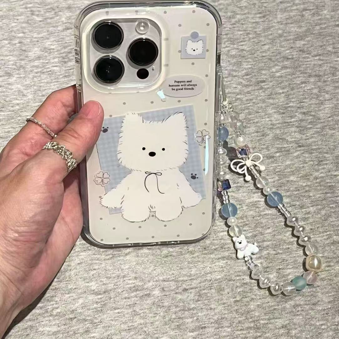 Pins coreanos a cuadros lindo West Highland para Apple 16/15ProMax funda para teléfono móvil iPhone 14 cadena 13