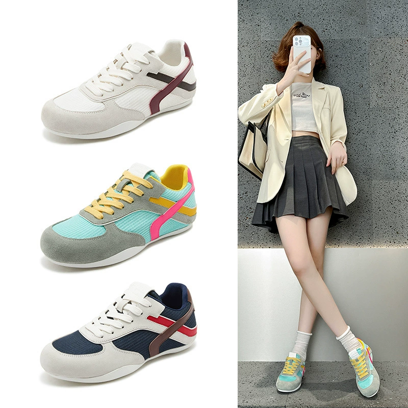 Весенние универсальные повседневные белые кроссовки для женщин 2025 года, легкие, в европейском стиле, с цветными блоками, увеличивающие рост, немецкие тренировочные кроссовки для женщин.
