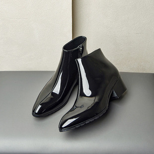 A generation of small simple bright leather pointed short boots men's autumn and winter fleece-lined leather side zipper high heel boots