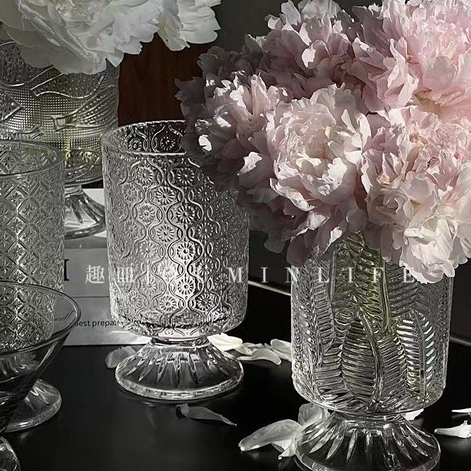 Wholesale French retro relief tall transparent glass vase water-raised flowers flower arrangement home living room decoration ornaments