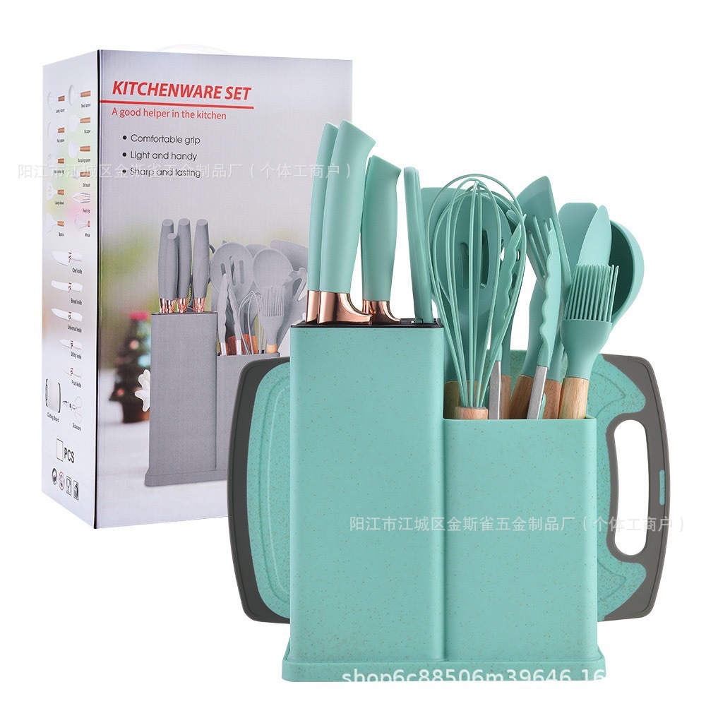 19 piezas de fábrica de cocina de silicona cocina antiadherente resistente a altas temperaturas con cuchillos de silicona con barril de almacenamiento