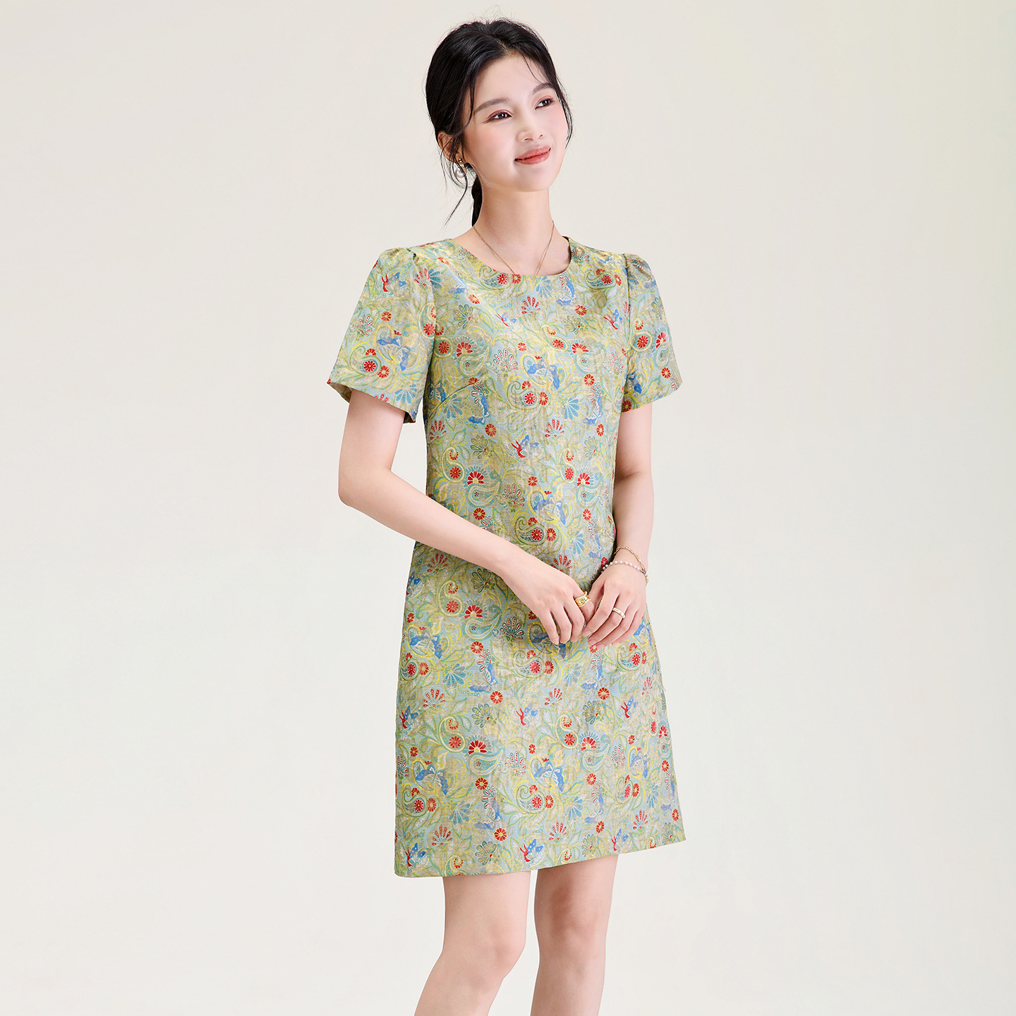 Váy maxi nữ thắt eo dáng suông họa tiết jacquard pha len — xanh lá cây