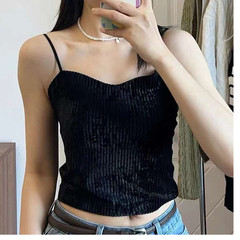 Live Stream Gold Velvet Women's Fixed Cup Bra with Adjustable Shoulder Straps, Plain Color Slimming Tank Top for Women