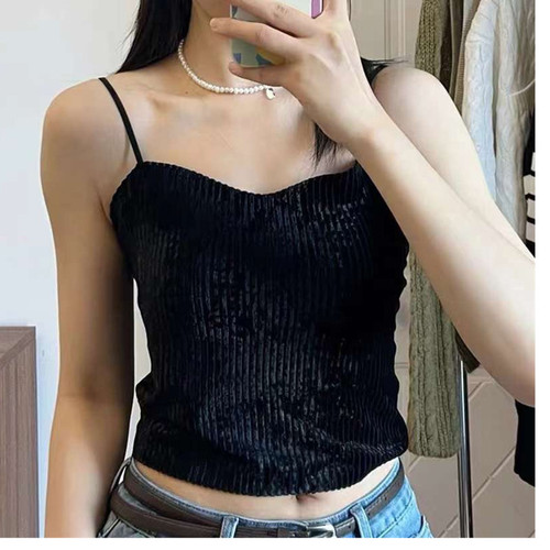 Live Stream Gold Velvet Women's Fixed Cup Bra with Adjustable Shoulder Straps, Plain Color Slimming Tank Top for Women