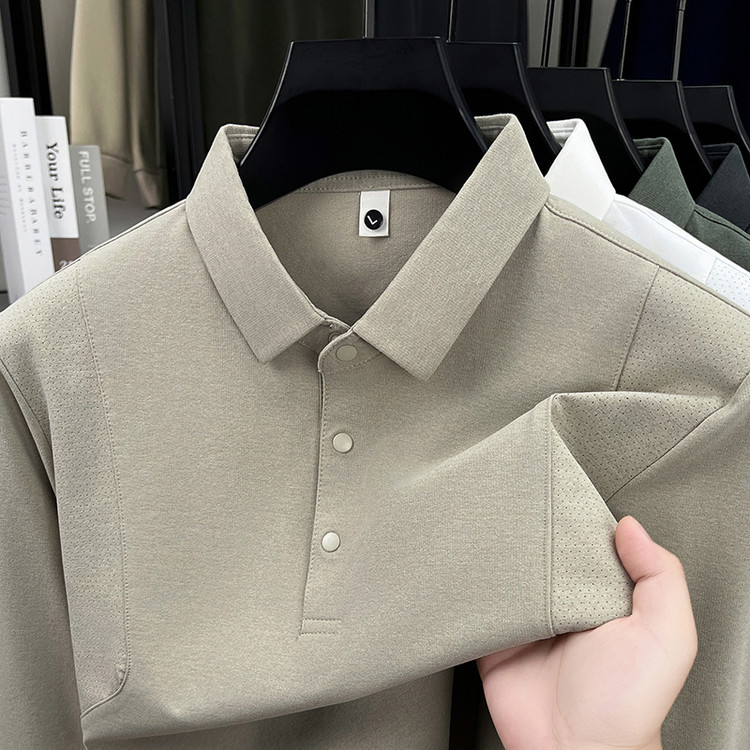 Autumn 2025 Korean Style New Men's Lapel Casual Fashion Pure Color Long-Sleeved T-Shirt Drop Shipping