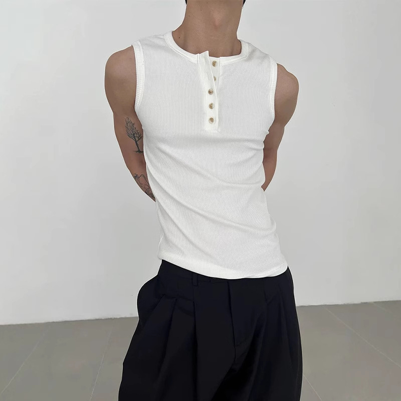 American-Style Henry Collar Sleeveless Vest for Men, Trendy, Stylish, High-End, Ribbed, Heavyweight, White, Slim-Fit Base T-Shirt