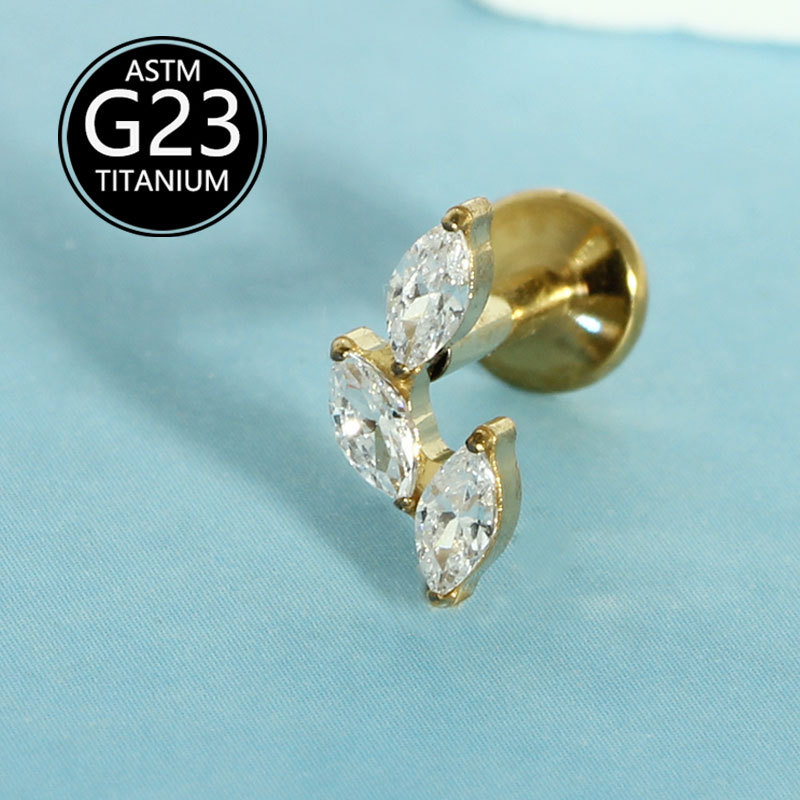 G23 Titanium Internally Threaded Flat Lip Stud with Marquise Zircon | Lip Ear Cartilage Piercing Jewelry detail image 7