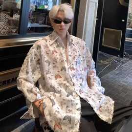 蝴蝶镂空长袖衬衫男春夏休闲防晒衬衣发型师潮牌痞帅刺绣提花上衣