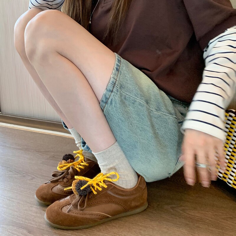 牛皮~葡萄妈同款内增高4.5cm撞色鞋带圆头松果休闲运动鞋女德训鞋|undefined