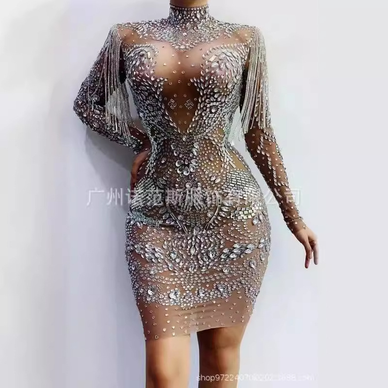 Cantante femenina MC modelo Dj adelgazar malla rhinestone borla falda de la cadera vestido ropa del funcionamiento etapa para las mujeres