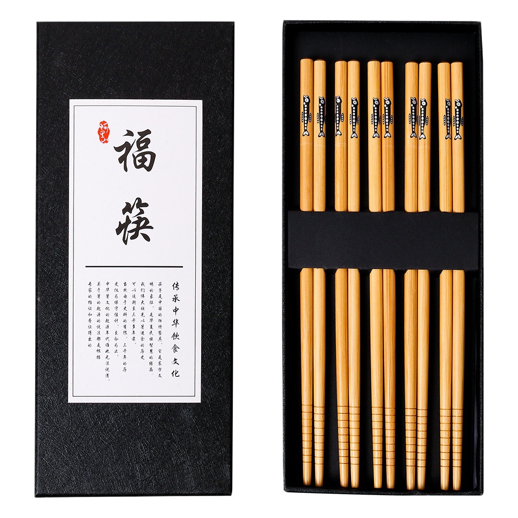 Palillos de bambú al por mayor palillos de bambú puntiagudos japoneses pequeños palillos florales de pescado 5 pares caja de regalo negro en stock palillos de regalo de publicidad