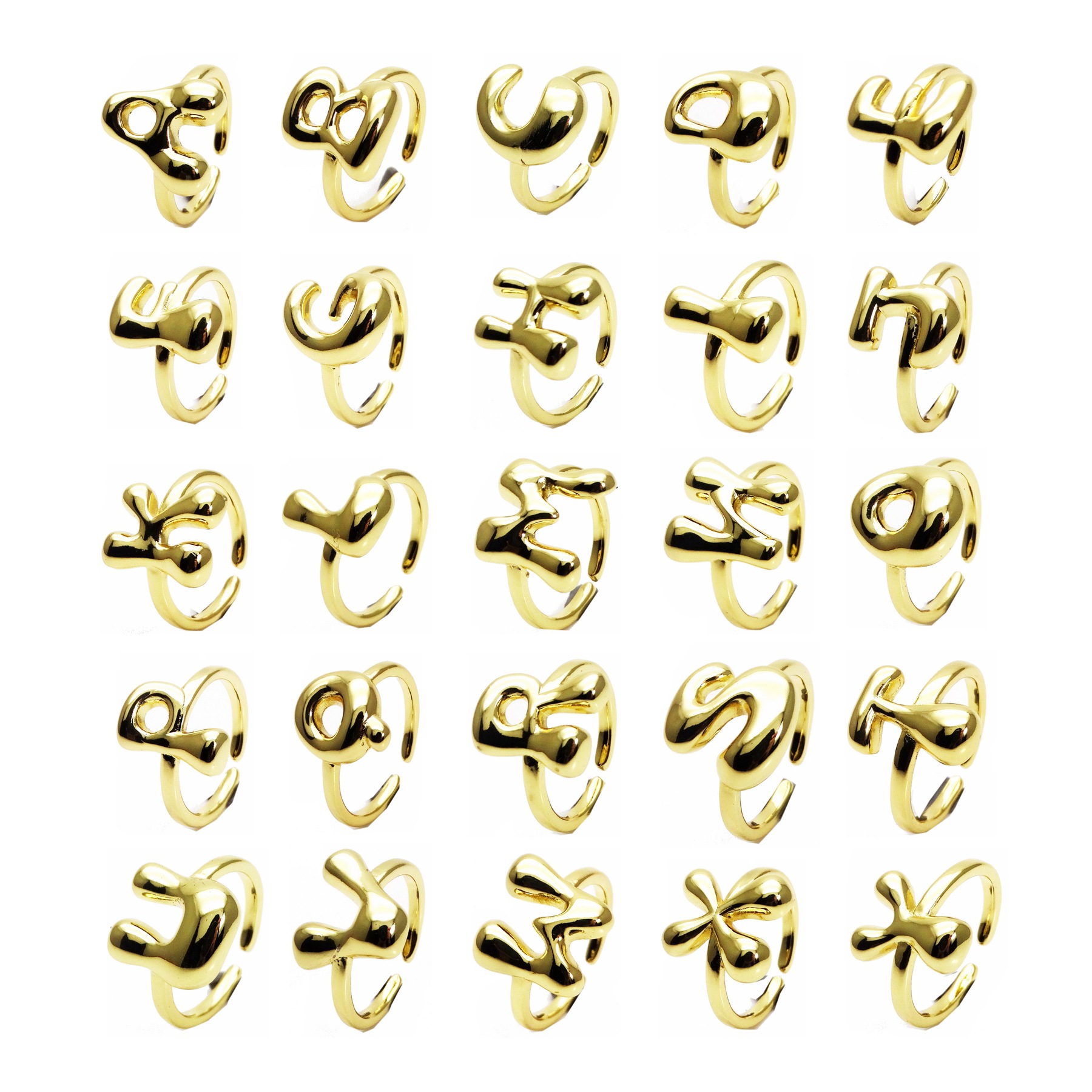 Adjustable golden copper glossy ring with letters