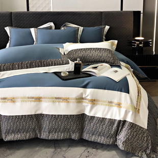 High-End Hotel Style Quilt Cover Four-Piece Embroidered Cotton Bed Pure Color Pure Cotton Long-Staple Quilt Cover Bedding
