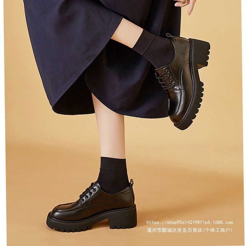 Women's preppy style leather shoes, summer 2026 new style, British style, round toe, chunky heel, lace-up, comfortable soft sole, fashion shoes.