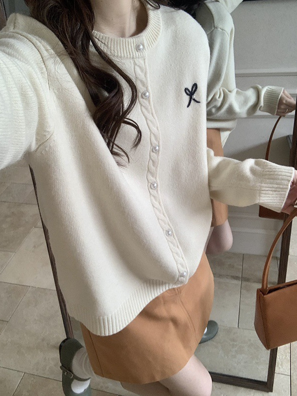 蝴蝶结针织衫创意珍珠扣开衫女秋冬季长袖圆领开衫外套温柔ZDG|undefined