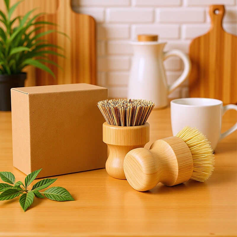 Sisal Kitchen Pot Scrubber, Non-Oil-Absorbing Household Bowl Brush, Gift Box Set, Coconut Palm Fruit and Vegetable Cleaning Brush, Bamboo Material