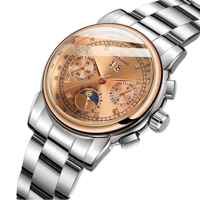 Forsining mujer moda casual movimiento mecánico multifuncional reloj mecánico automático correa de acero Sun Moon Star