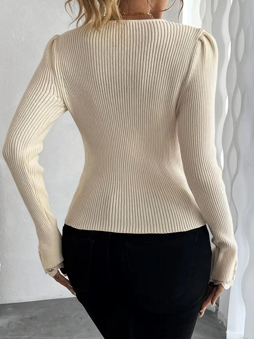 Europa y América transfronterizos ropa de mujer de punto de encaje de cuello V elegante suéter