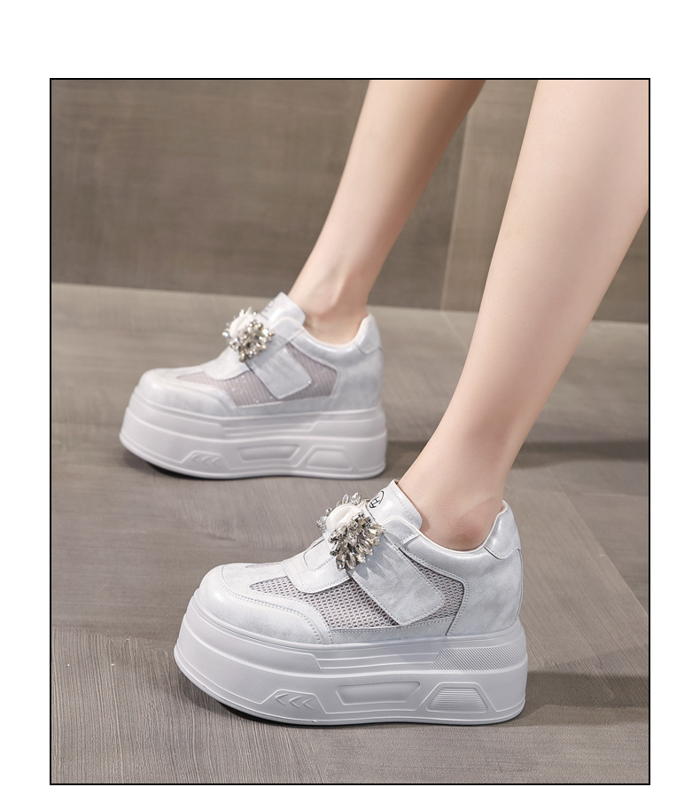 Giày sneaker nữ đế dày tăng chiều cao, mặt lưới thoáng khí, đính đá rhinestone — màu trắng chi tiết 15