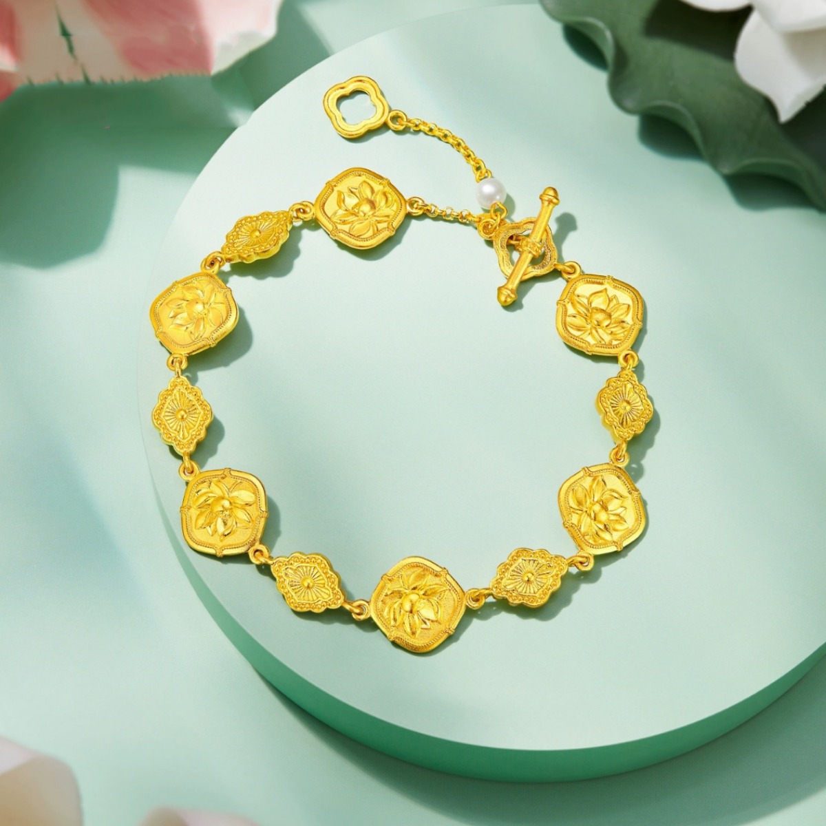 Shajin New Pearl Lucky Lotus Bracelet Gold Color Prosperous Chinese Color Chain Ancient Style Ancient Style Bracelet Exquisite Gift Giving_voghion.com