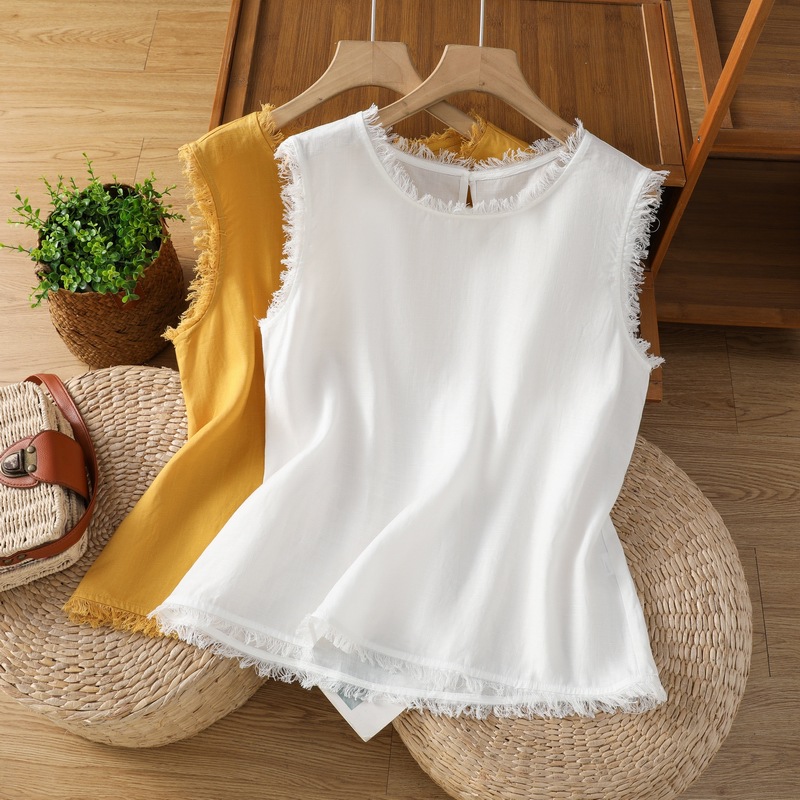 2025夏季新款复古民族风改良纯色文艺宽松休闲圆领背心小衫上衣女