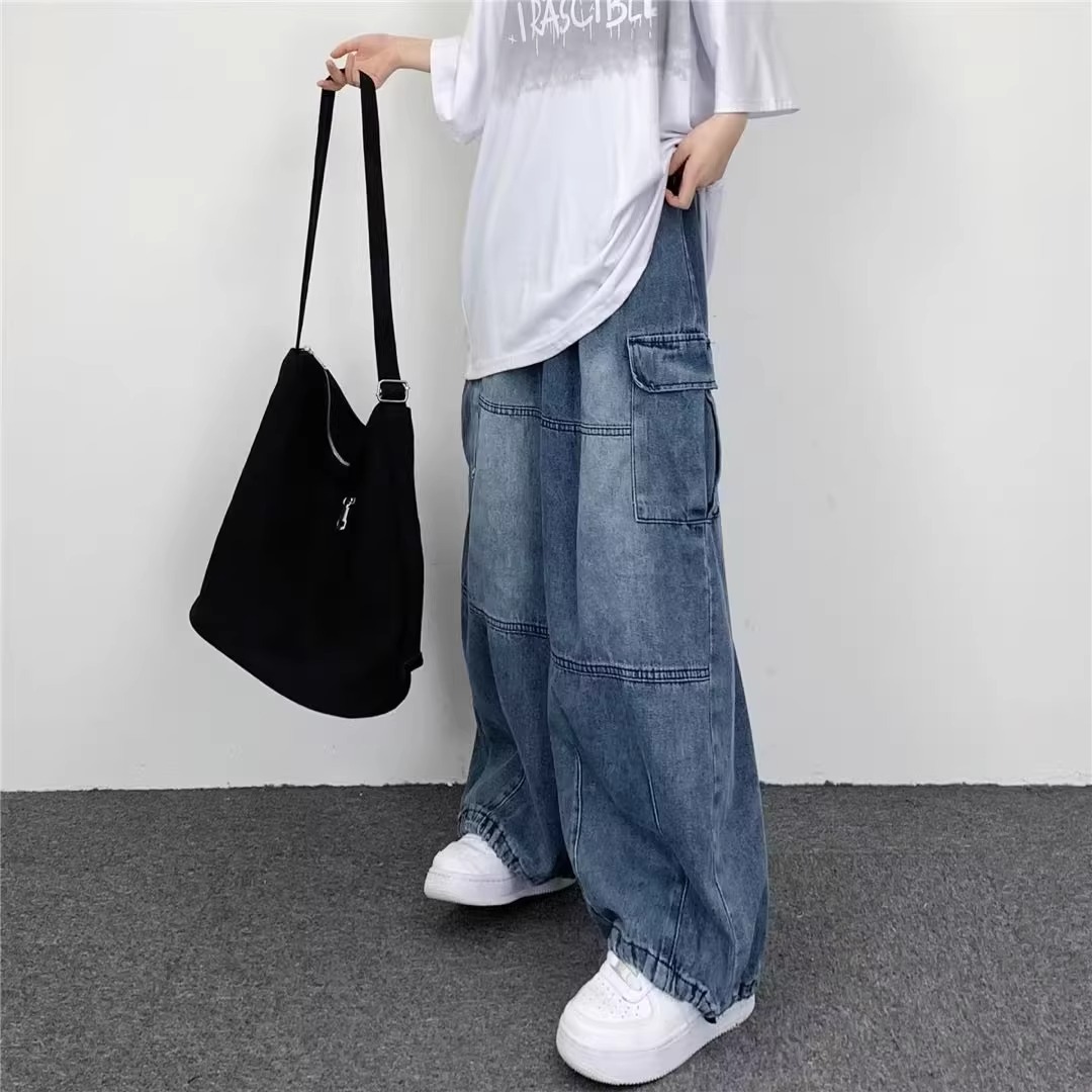 Lazy Vintage Tooling Wide-leg Jeans Men's Hong Kong Style Loose Oversize Big Pocket Retro Street Trousers_mkmklike.com
