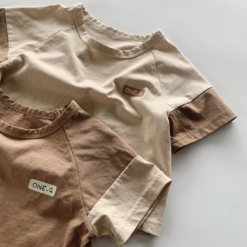 Spliced ​​children's T-shirt summer new 2024 boys and girls short-sleeved cotton tops Korean style forest style trendy children's clothing