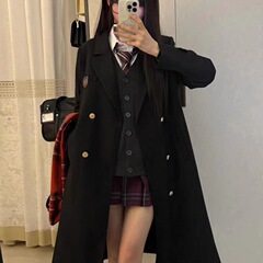 新款jk大衣风衣长款日系高校学生女徽章双排扣小西装外套潮学院风