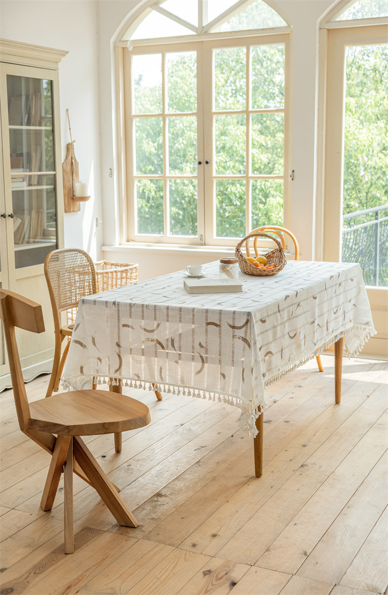 INS Rechteckige Tischdecke aus Vollpolyester, Jacquard-Druck, hohl, geometrisch gestreift, mit Quasten, für Couchtisch und Esstisch_voghion.com