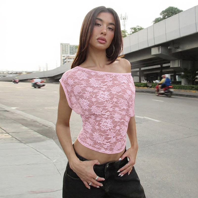 European and American Women's Clothing 2025 Winter New Fashion Sexy Slim-Fit Hollow Lace Asymmetrical Neckline Tight-Fitting T-Shirt See-Through Top European and American Women's Clothing 2025 Winter New Fashion Sexy Slim-Fit Hollow Lace Asymmetrical Neckline Tight-Fitting T-Shirt See-Through Top