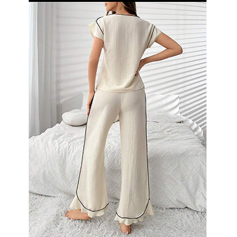 ChicShe Damen-Pyjama-Set mit Rundhalsausschnitt und gekreuzten Bordüren, bequem, für Frühling/Sommer, neue hochwertige Patchwork-Farbblock-Zierelemente, europäischer Stil_voghion.com